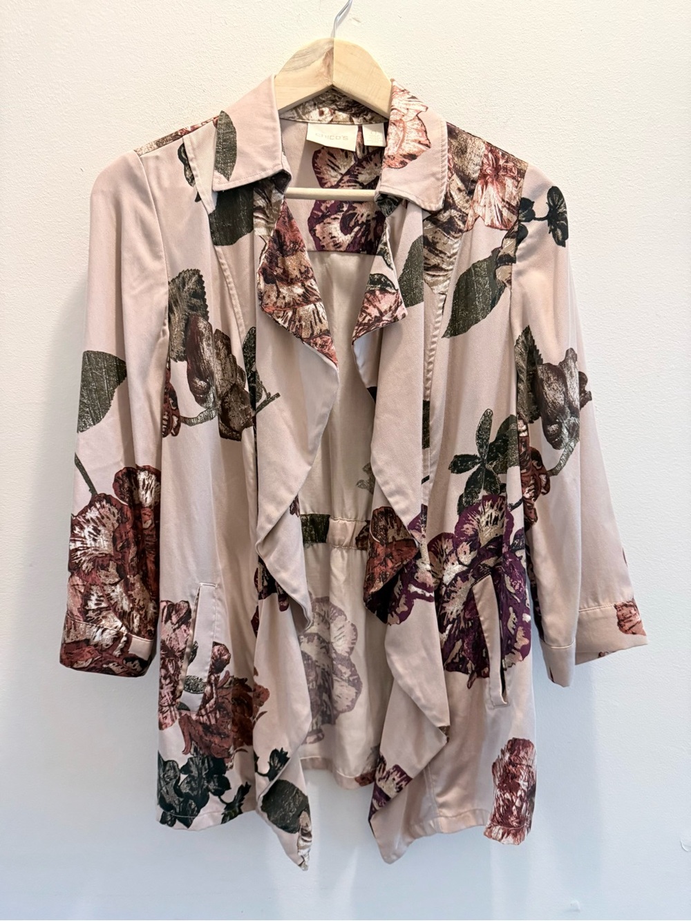 Chicos Drape Front Floral Moto Jacket